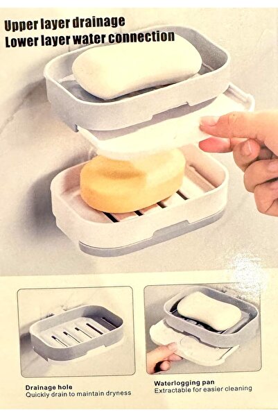 Generic Soap Dishes, Wall Mounted Self-Adhesive Draining Tray Rack with Detachable Hanger (Grey/White)