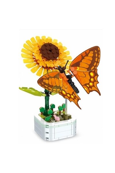 RoveZone Build Set Sunflower in Pot with Butterfly, 207 Pieces, Orange/Yellow