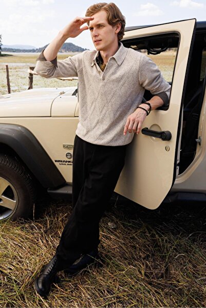 Desen Triko Men's Polo Neck Straw Knit Baklava Yürütmeli Wool Sweater V.Beige