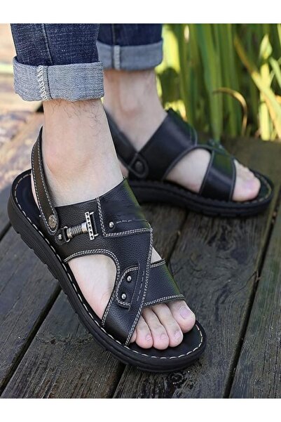 WDA Men's Leather Sandals, Adjustable Slingback Strap, Black, Comfort Footbed 42EU