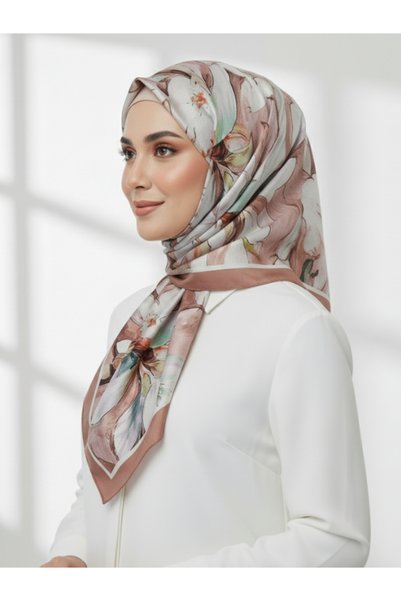 La Fien وشاح نسائي حريري غير لامع بنقشة زهور تجريدية بلون وردي مجفف مقاس 90×90 سم