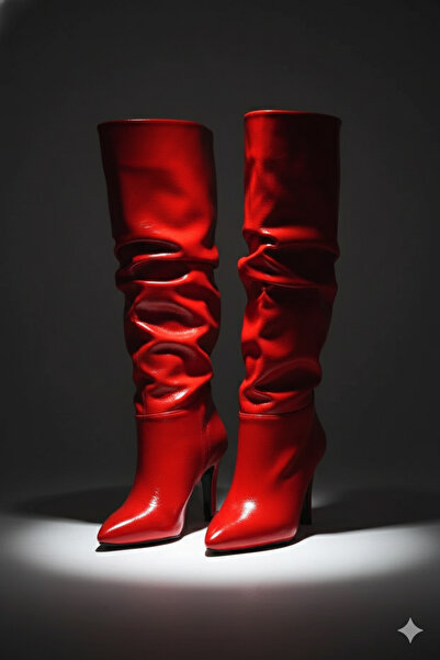 leopar by çetinay Bella Red Luxury |   Women's Patent Leather Red Mid-Calf Slim Heeled Drawstring Boots – Stylish & Premium Model