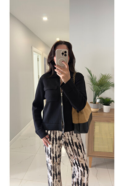 BİRCANÇİL Oltera Black Zippered Cardigan with Pocket Detail