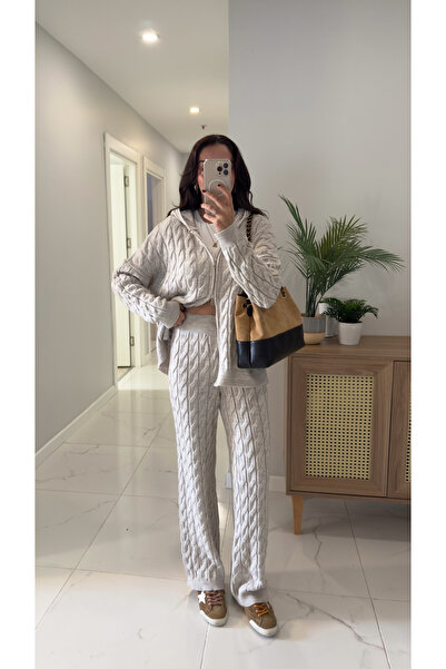 BİRCANÇİL Millas Stone Zippered Knitted Trouser Set