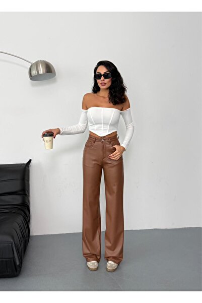 XBELLA DENİM Women's Brown Velvet Inside Shard Fleece-Lined Rali Synthetic Leather High Waist Wide Leg Pants