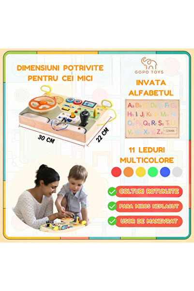 Gopo Toys Jucarie Educativa Montessori pentru Copii - Tableta din Lemn cu Circuit Luminos si Volan