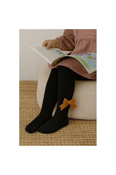 Mixbo children's tights with bow, mustard, thick cotton, black, 0-6 months