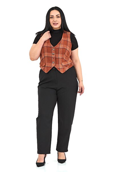 DISENTIS MODEST Plus Size Button Closure Pocket Flap Lined Short Cinnamon Vest