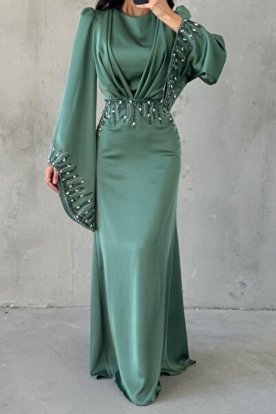 leyuze Zerafet Işıltısı Saten Tesettür Abiye Mint Yeşili