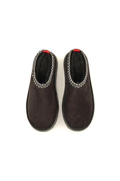 Moda Devrin Black Suede Thick Sole Slippers with Wool Inside