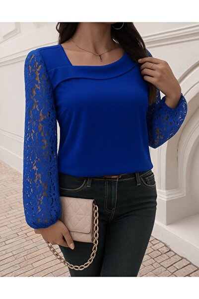 buğrahayalin Women's Long Sleeve Asymmetrical Collar Lace Imported Crepe Blouse