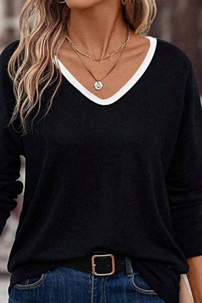 Mossta V-Neck Viscose Two Thread Blouse - Black