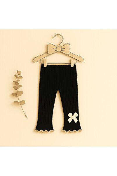 Mixbo children's footless tights with cream crocheted bow, thick cotton, 0-6 months, black