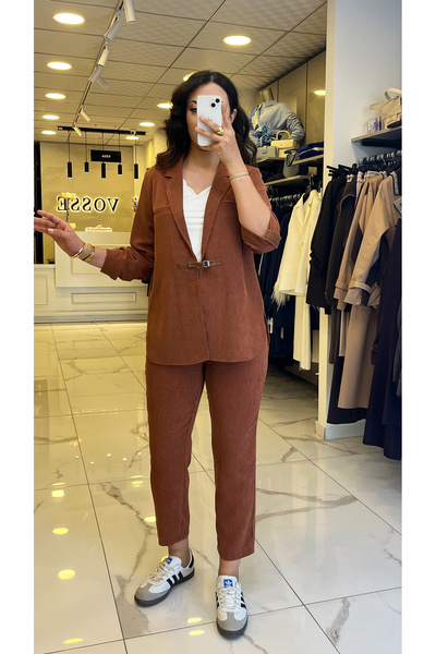 Vosse İndigo Kiremit Kemer Detaylı Kadife Takım