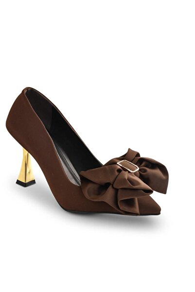 MODAONN Women's Gold Heel Satin Bow Detailed Heeled Shoes