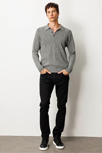 Desen Triko Men's Polo Neck Woven Check Wool Sweater Y. Dark Gray