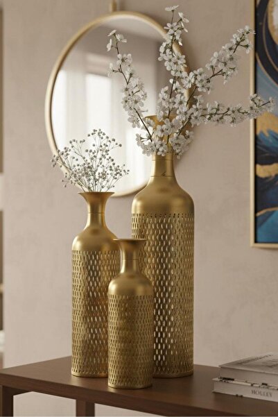 Noor High-quality vase set, gold-colored iron with beautiful decoration, 15*50, 17*65, 20*85