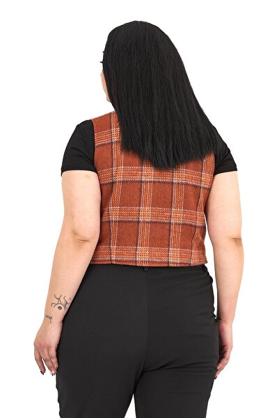 DISENTIS MODEST Plus Size Button Closure Pocket Flap Lined Short Cinnamon Vest