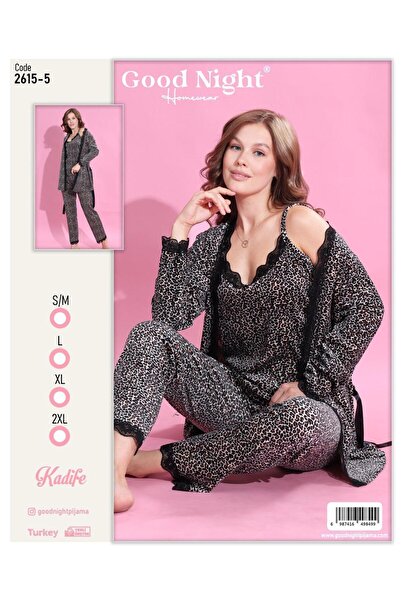 GOOD NİGHT Leopar Desenli 3lü Sabahlıklı Pijama Takımı
