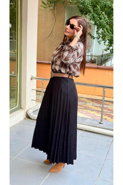 EYYE BUTİK Süet Pileli Etek Siyah