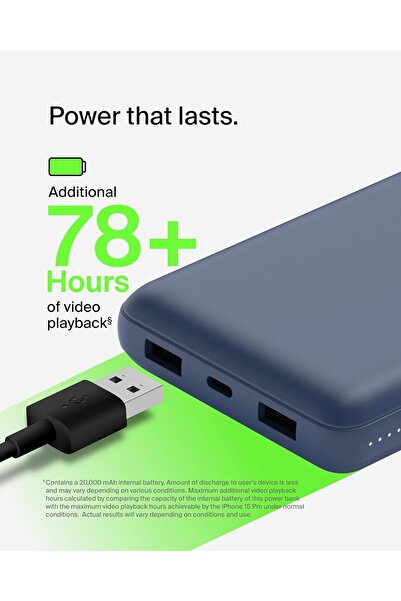 Belkin 20000mAh Power Bank 20K Portable Charger 15W 3 Ports USB C Battery Pack for iPhone Samsung