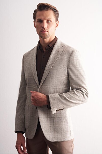 İmza Stone Color Mono Collar Plaid Pattern Cotton 6 Drop Comfort Fit Classic Jacket 1002255152