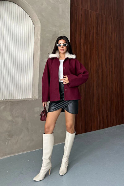 cemo Women's Fur Collar Short Coat Cashmere Fabric Oversized Wide Sleeve Buttoned Winter