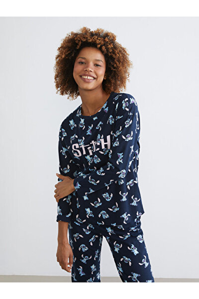 LC Waikiki Lacivert Bisiklet Yaka Stitch Baskılı Kadın Pijama Takımı