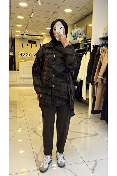 Vosse Tığ Triko Kahverengi Asimetrik Kesim İpek Qupra Takım