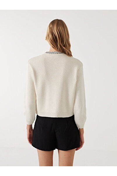 LC Waikiki LCW Vision Ekru Bisiklet Yaka Taşlı Kadın Triko Hırka