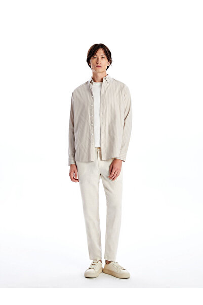 LC Waikiki Beige Regular Fit Long Sleeve Striped Poplin Men's Shirt