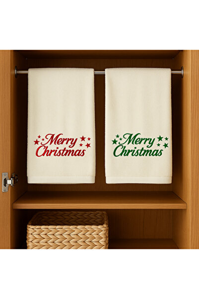 zola Set of 2 bath towels, Zola, 50 x100 cm, embroidered Merry Christmas pattern, cotton, white/red/green