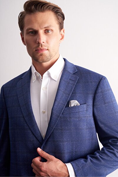 İmza Dark Navy Blue Mono Collar Checkered Pattern Stretchable 4 Drop Comfort Fit Classic Jacket 1002255156