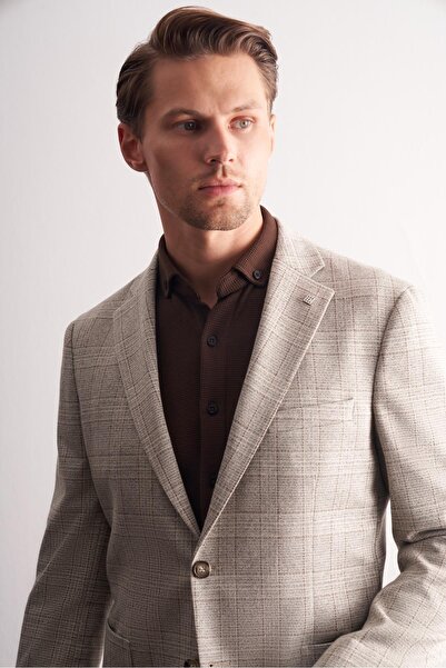 İmza Stone Color Mono Collar Plaid Pattern Cotton 6 Drop Comfort Fit Classic Jacket 1002255152