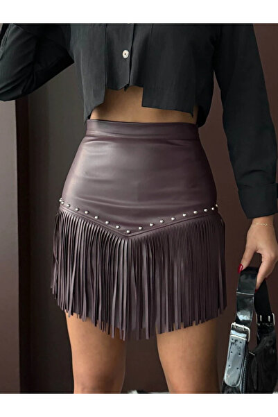 cemo Women's Tasseled Mini Skirt Studded Leather-Look Short Fringed Skirt Black