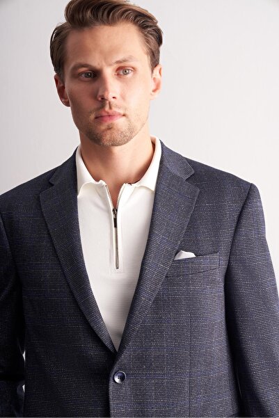 İmza Navy Blue Mono Collar Checkered Pattern Stretchable 4 Drop Comfort Fit Classic Jacket 1002255156