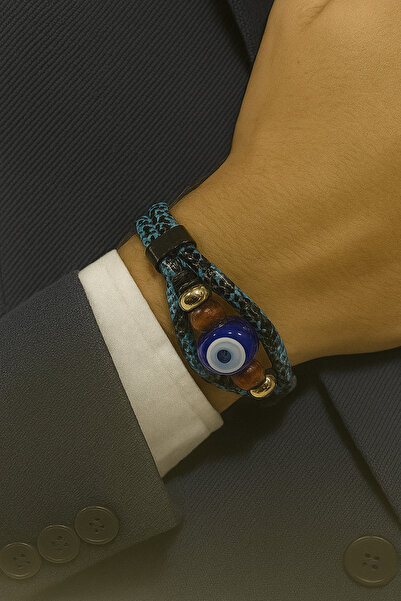 Herşey Nota Blue Genuine Leather Evil Eye Beaded Men's Bracelet |   Modern an...