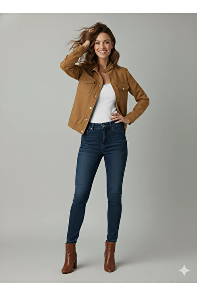 cemo Women's Tan Elegant Short Jacket with Buckle Detail Mock Neck Pockets Suede/Cashmere Spring Jacket