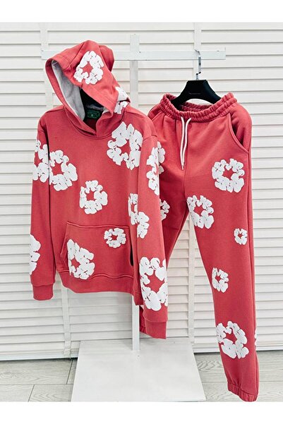 Afri Hooded Red Color Floral Patterned Oversized 3 Thread Men's Tracksuit Set - 100% Cotton