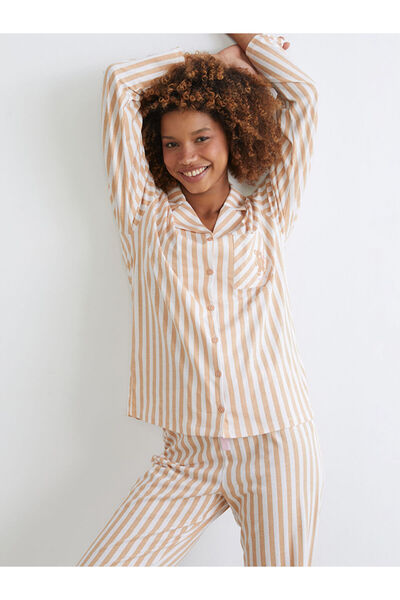 LC Waikiki Set de pijamale pentru femei cu guler cămașă roz cu dungi