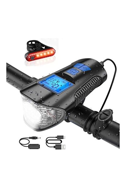 Generica Bicycle Computer Front & Tail LED Light Combo Set with Horn and Speedometer (USB, IPX5)