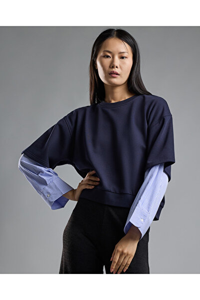 R&B Solid Layered Sweatshirt with Crew Neck and Long Sleeves