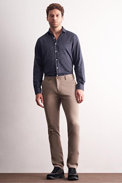 İmza - Dark Beige Side Pocket Straight Leg Cotton Slim Fit Chino Casual Trousers 1003255165
