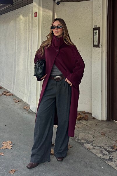 Laluvia Burgundy Vittoria Buttoned Collar Coat - 2511