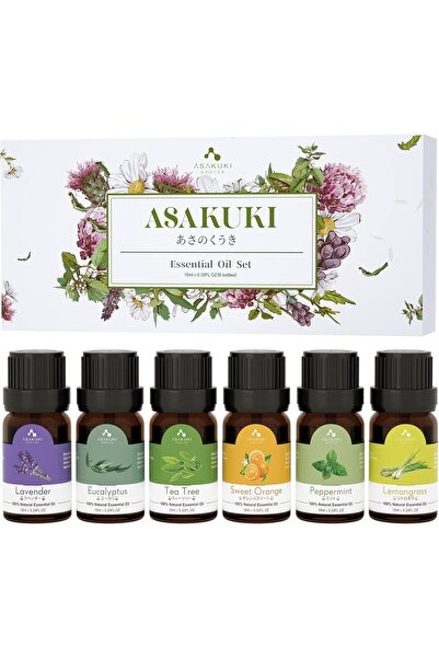 ASAKUKI Essential Oils Set Starter Kit for Diffusers - 6 x 10 mL (Lavender, Eucalyptus, Lemongrass,