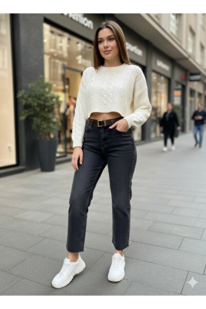 cemo Women's High Waist Mom Jean Raw Hem Detailed Gold Buckled Belted Straight Cut Denim