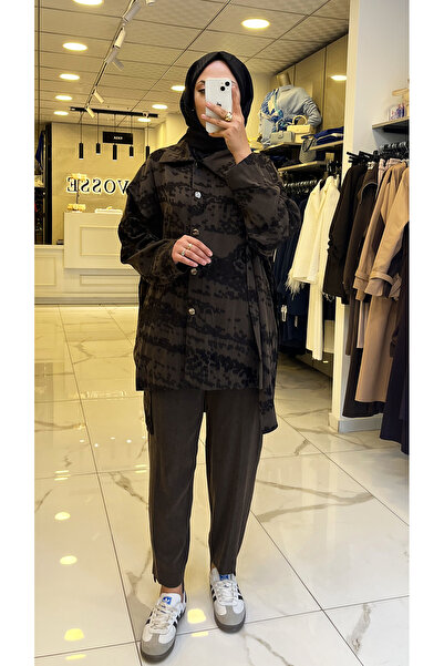 Vosse Tığ Triko Kahverengi Asimetrik Kesim İpek Qupra Takım