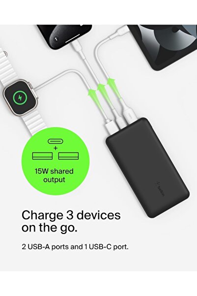 Belkin 10000mAh Power Bank 15W Portable Charger 3 Ports USB C Battery Pack for iPhone Samsung