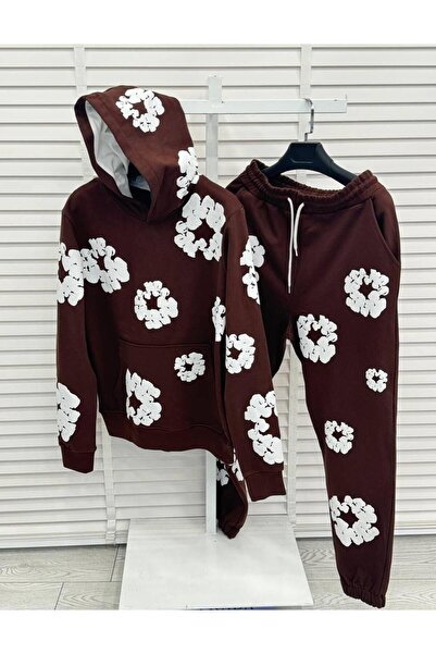 Afri Hooded Brown Color Floral Pattern Oversized 3 Thread Men's Tracksuit Set - 100% Cotton