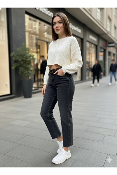 cemo Women's High Waist Mom Jean Raw Hem Detailed Gold Buckled Belted Straight Cut Denim